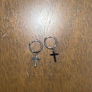 Silver Hoop Earrings with a Cross, one pair